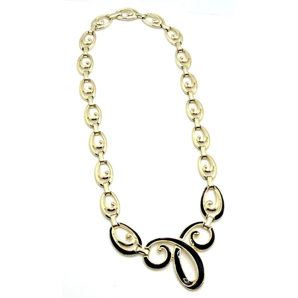 Vintage Black Enamel Swirl Link Necklace Gold Tone Statement 19"